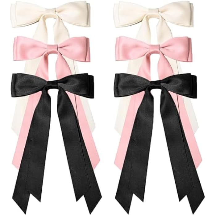 Hideya 6 Pieces Silk Satin Hair Bows Clip Hair Band Ponytail Holder Accessories Metal Clips for Women Girls Toddlers Teens Children - Image 1